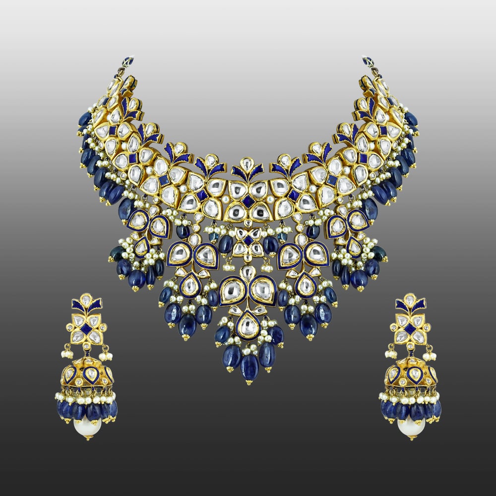 Polki Necklace Set with Blue Sapphire and Pearl Drops